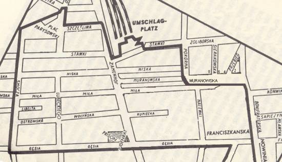 Fig. 11. Warsaw Ghetto – the northern part. The bold line marks the Ghetto wall. Note house numbers on Muranowska Street Fig. 11. Warsaw Ghetto – the northern part. The bold line marks the Ghetto wall. Note house numbers on Muranowska Street